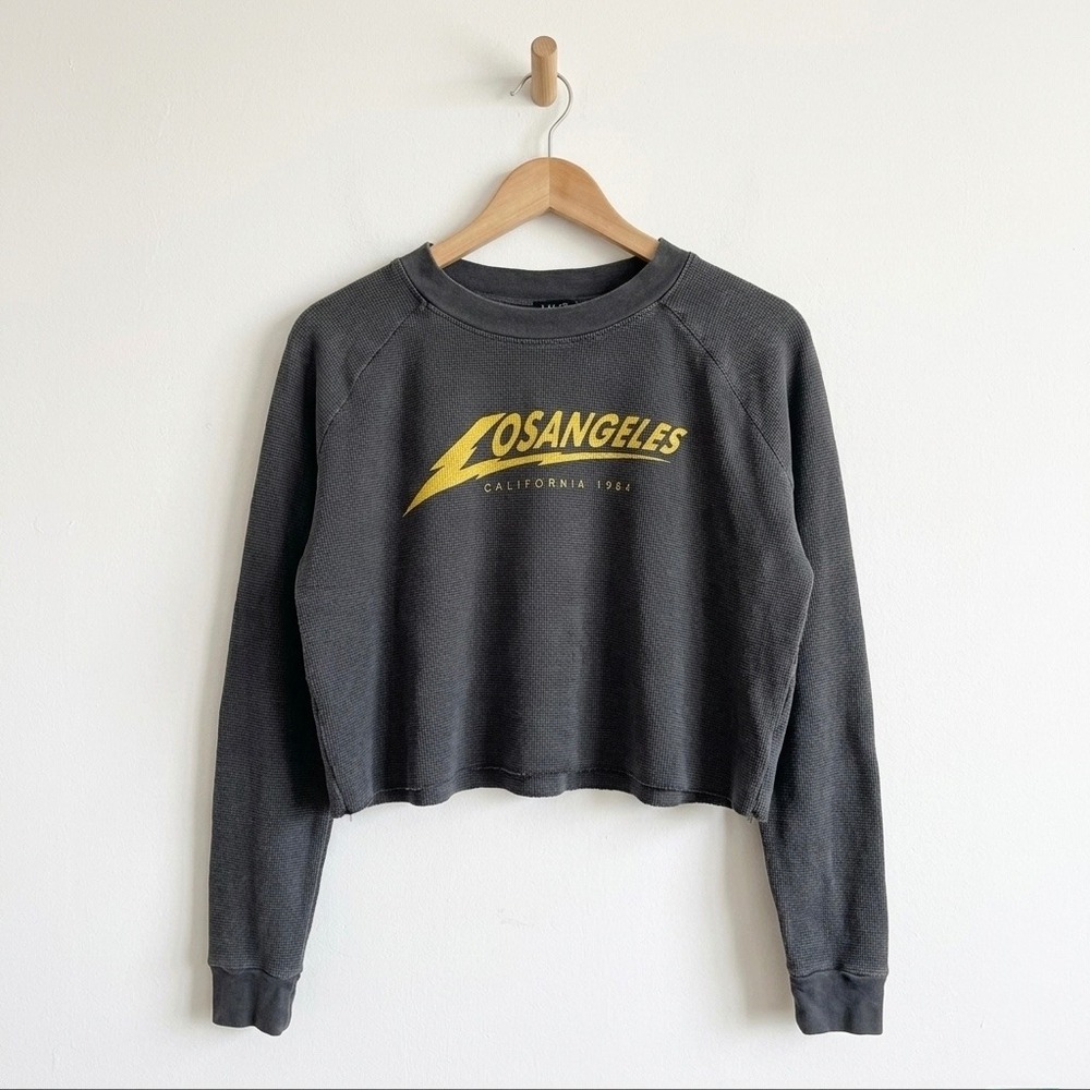 John Galt Brandy Melville Los Angeles 1984 Cropped Waffle Knit Thermal Top Black
